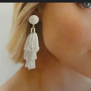 White Beaded Tassel Post Earrings
